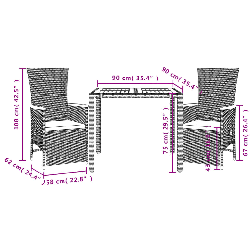 Ensemble à manger de jardin avec coussins 3 pcs Noir