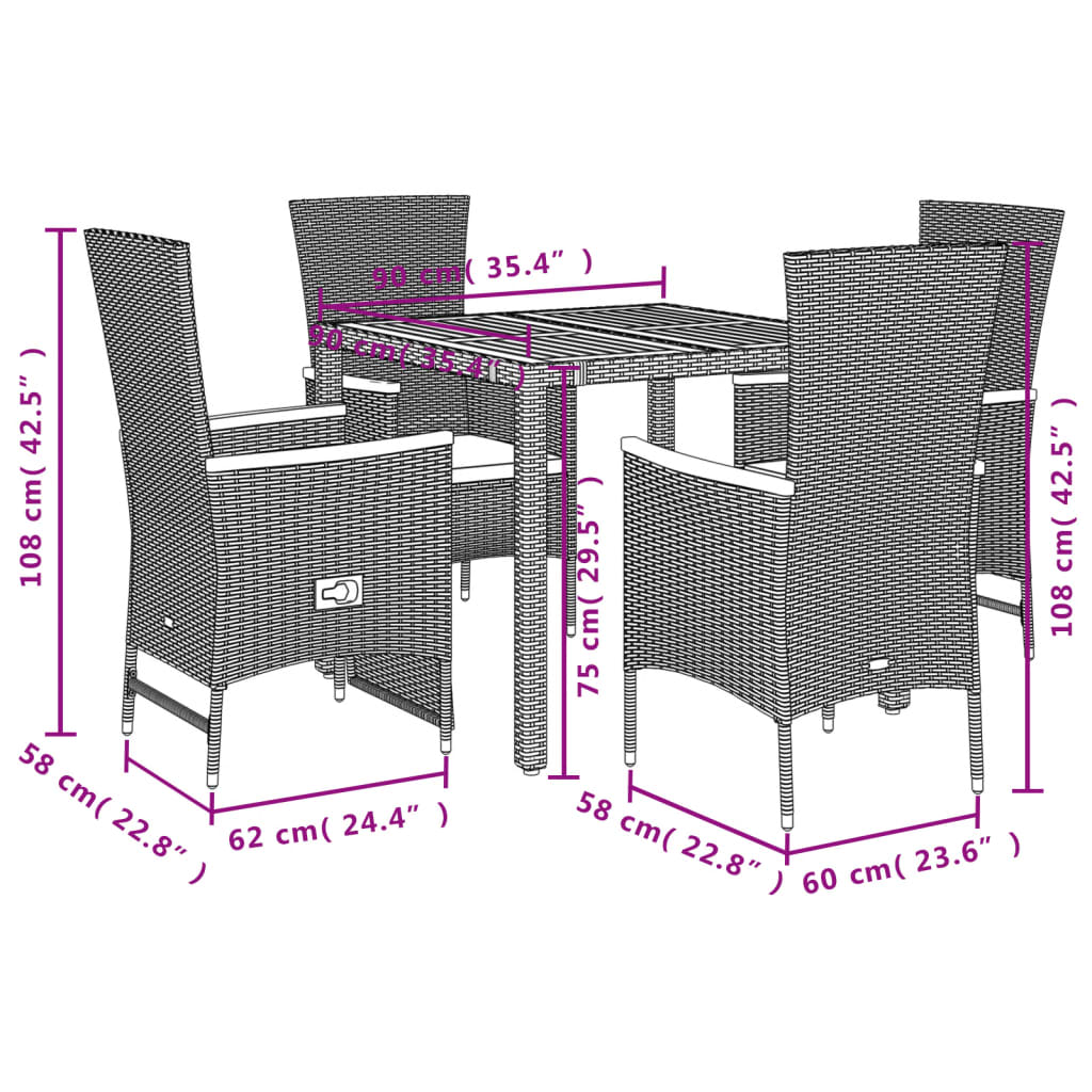 Ensemble à manger de jardin coussins 5pcs Noir Résine tressée