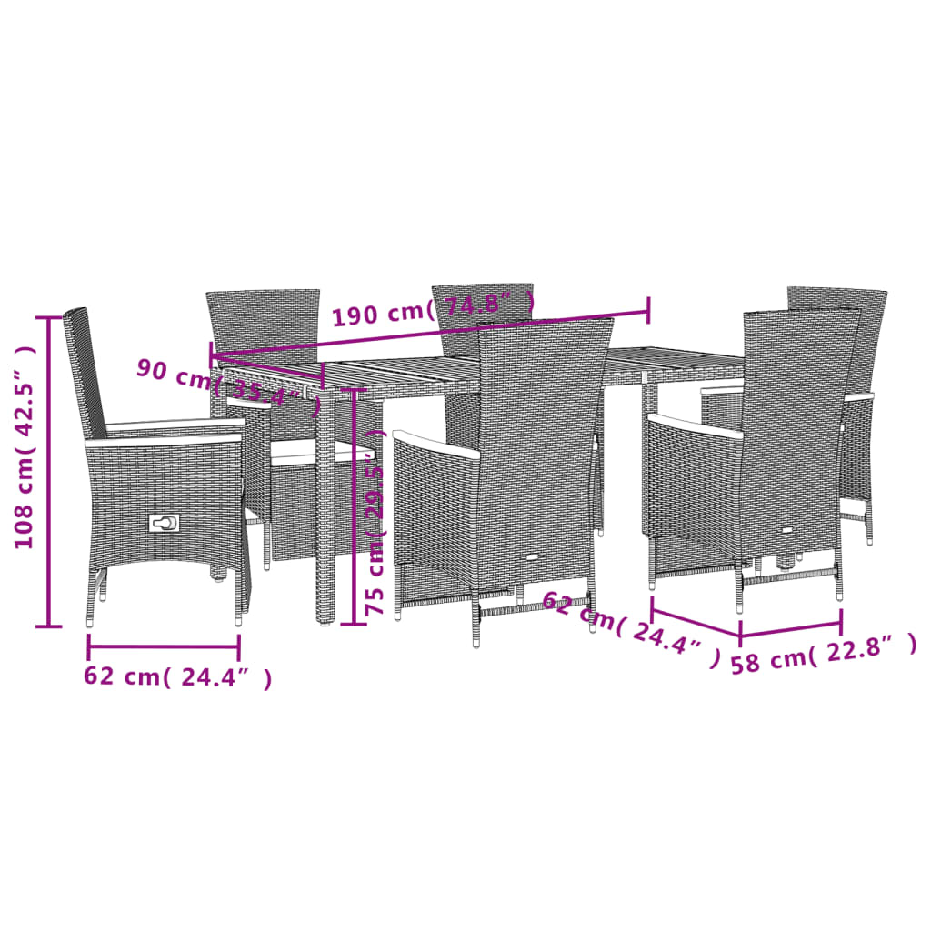 Ensemble à manger de jardin coussins 7pcs Noir Résine tressée