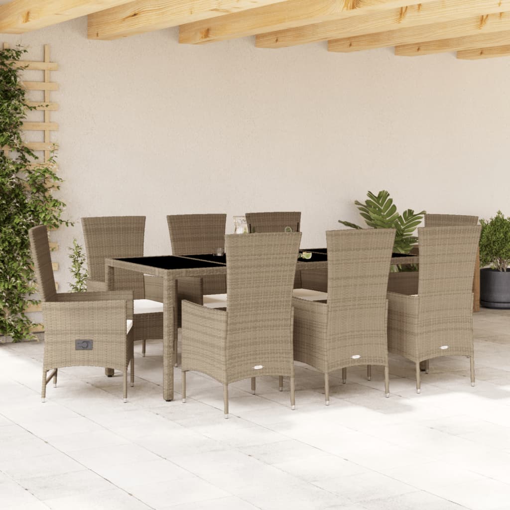 Ensemble à manger de jardin et coussins 9 pcs beige Poly rotin