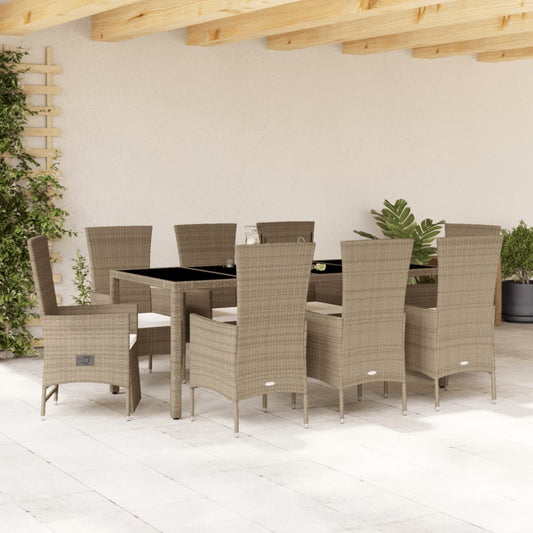 Ensemble à manger de jardin et coussins 9 pcs beige Poly rotin