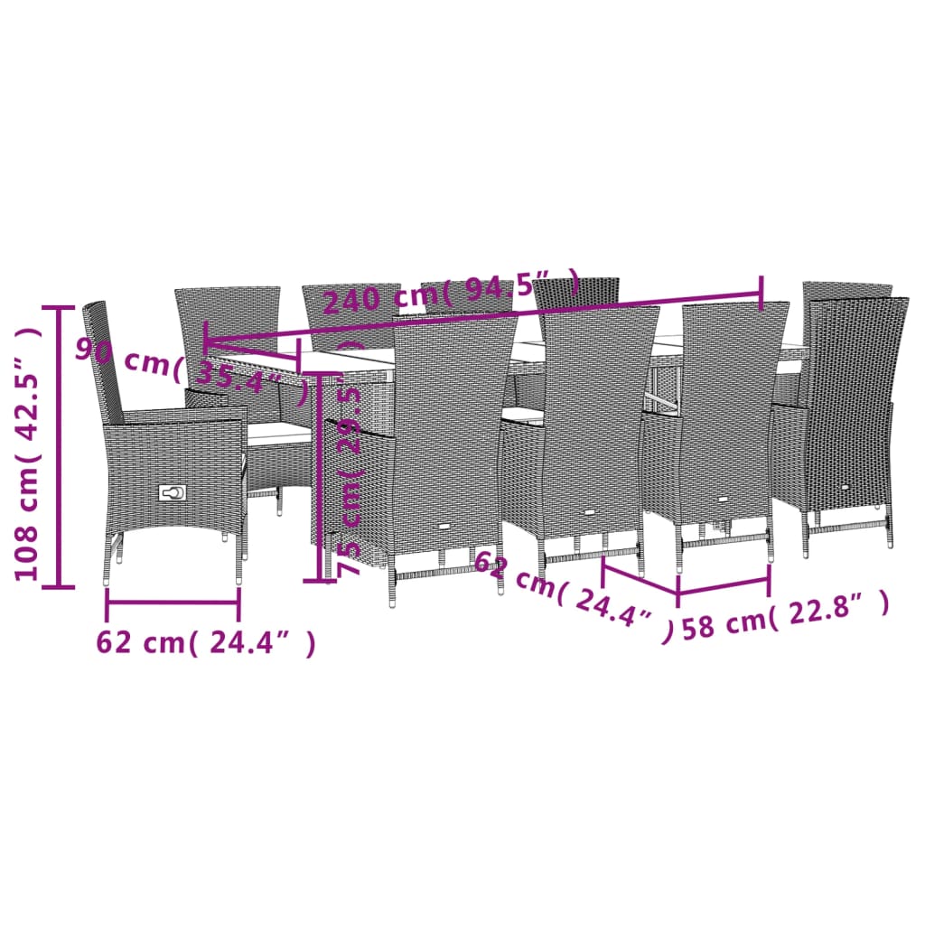 Ensemble à manger de jardin et coussins 11 pcs beige poly rotin