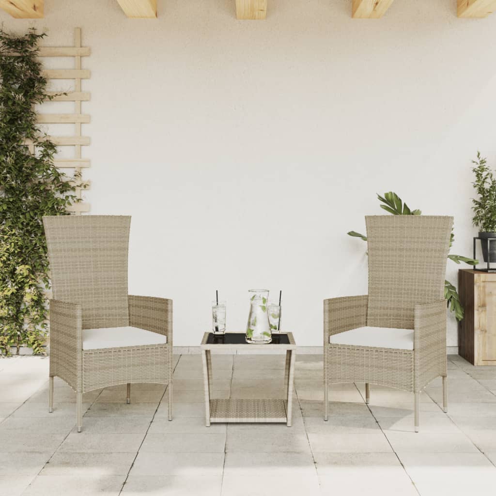 Ensemble à manger de jardin et coussins 3 pcs Beige poly rotin