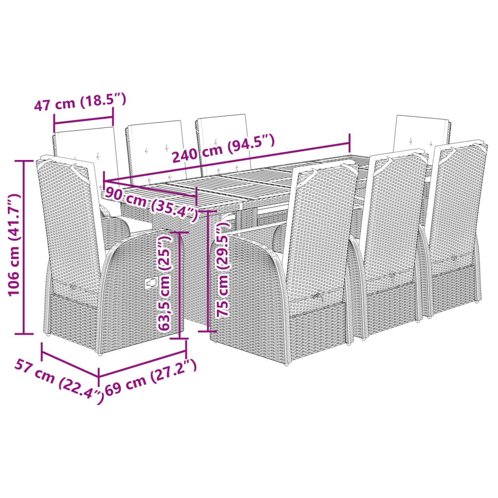 Ensemble à manger de jardin 9 pcs coussins gris résine tressée