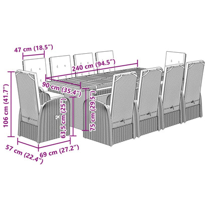 Ensemble à manger de jardin 11pcs avec coussins gris poly rotin