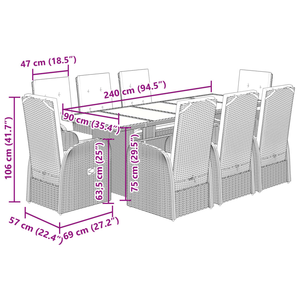 Ensemble à manger de jardin 9 pcs coussins gris résine tressée