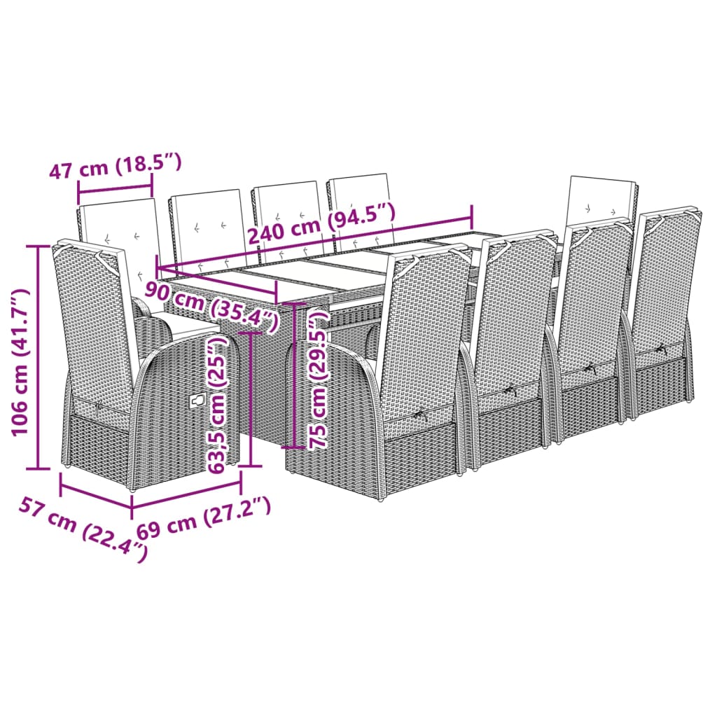 Ensemble à manger de jardin 11pcs avec coussins gris poly rotin