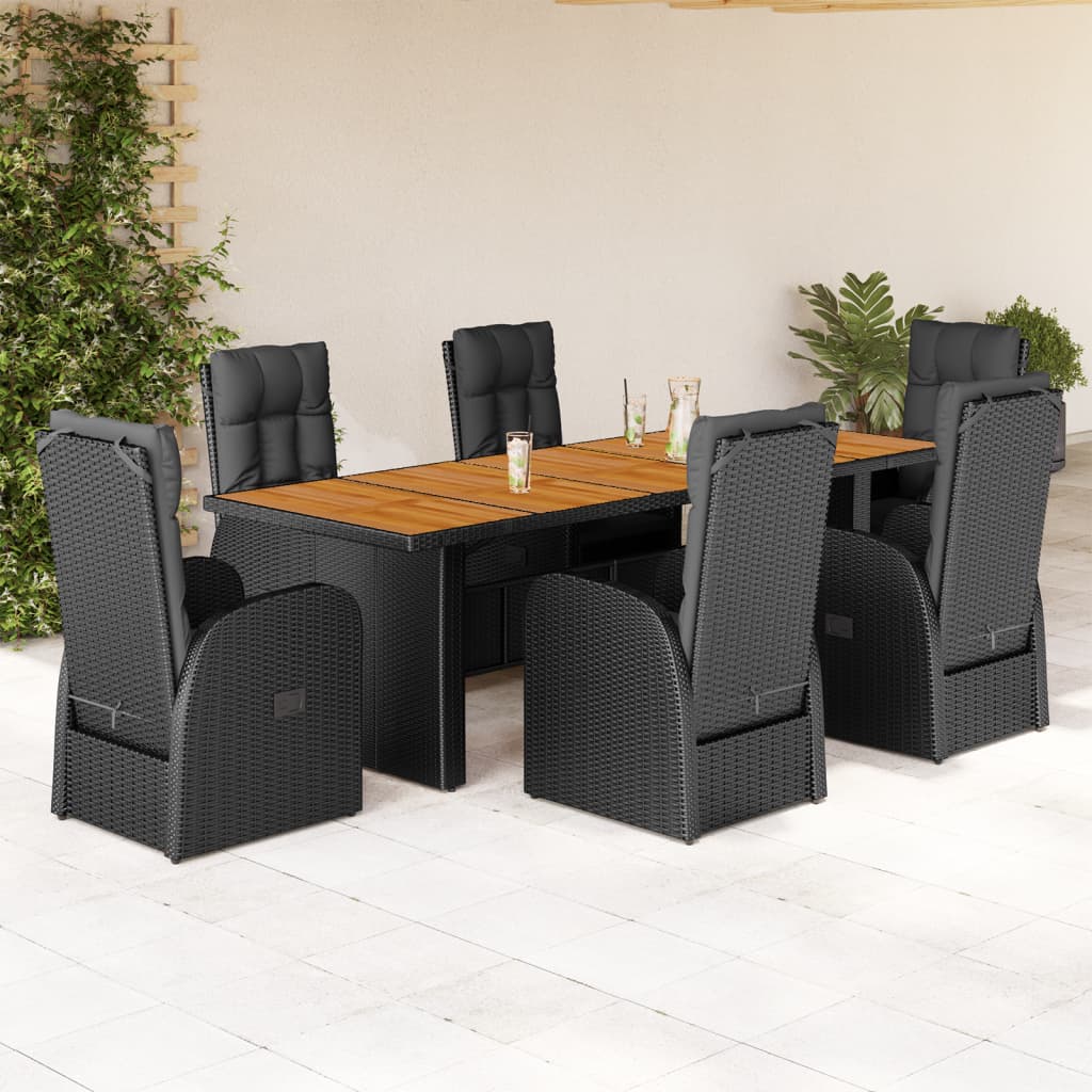 Ensemble à manger de jardin coussins 7 pcs noir résine tressée