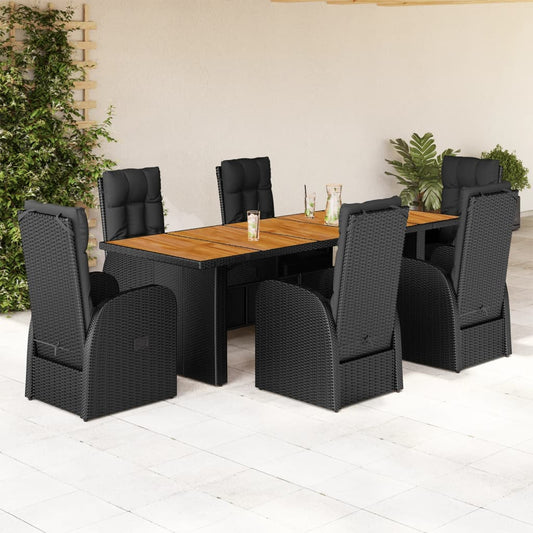 Ensemble à manger de jardin coussins 7 pcs noir résine tressée