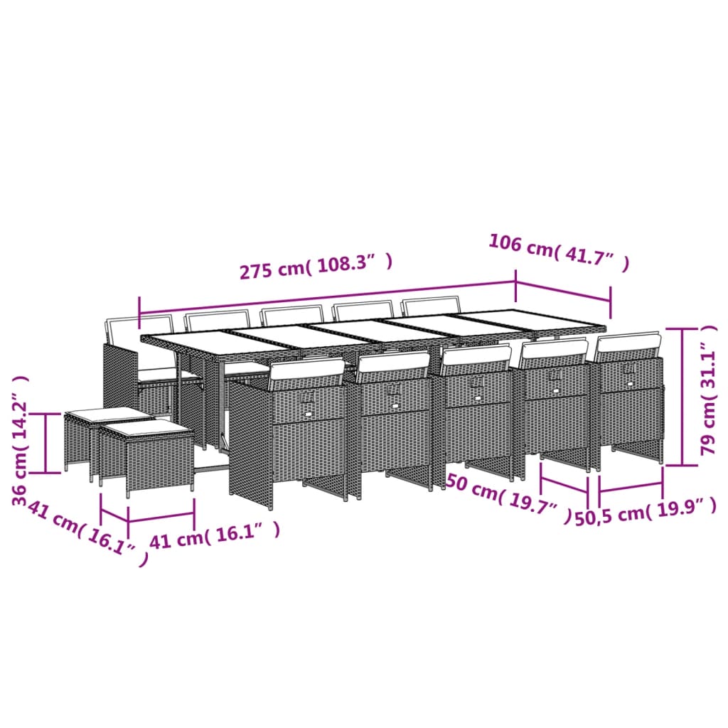 Ensemble à manger de jardin avec coussins 15 pcs marron rotin