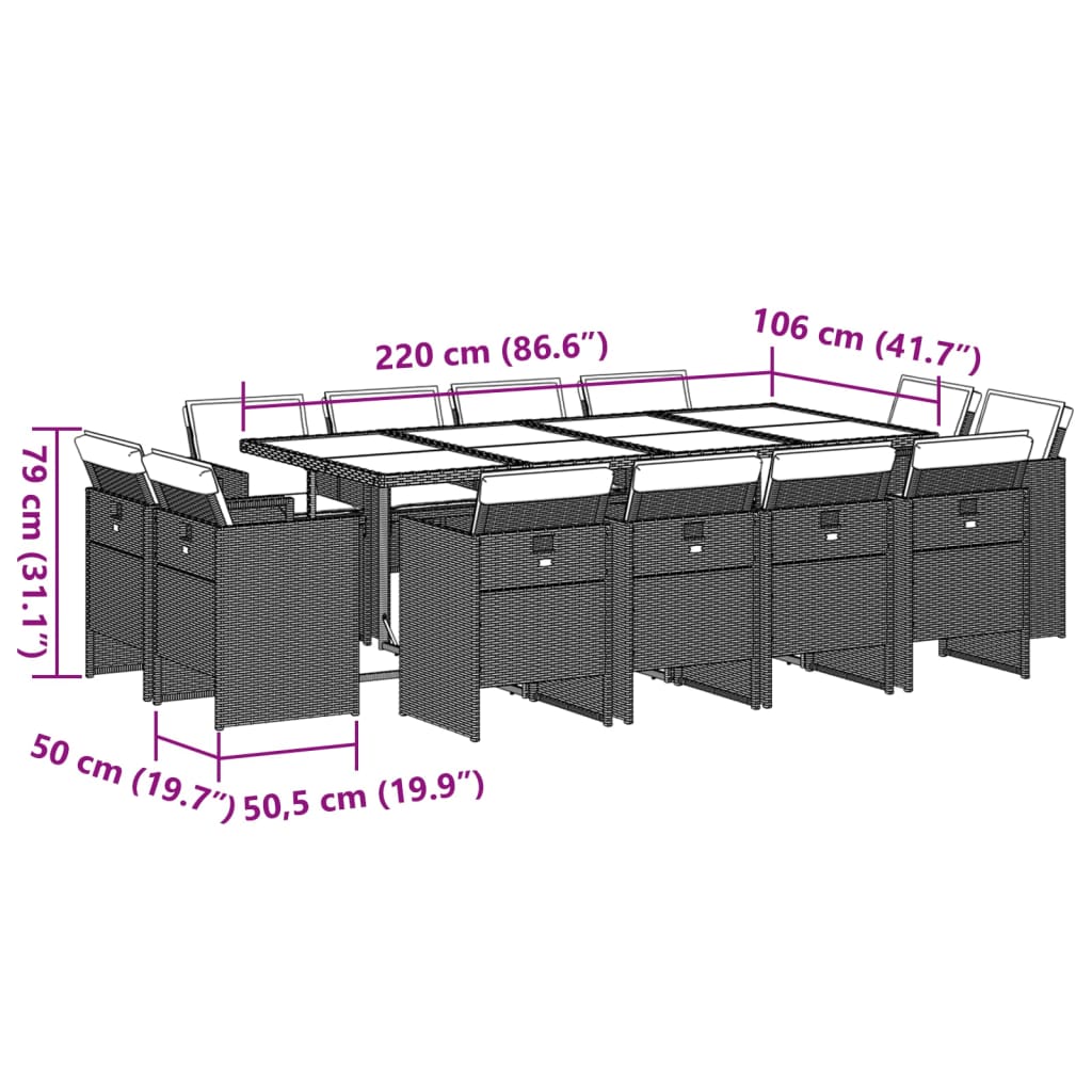 Ensemble à manger de jardin avec coussins 13 pcs marron rotin