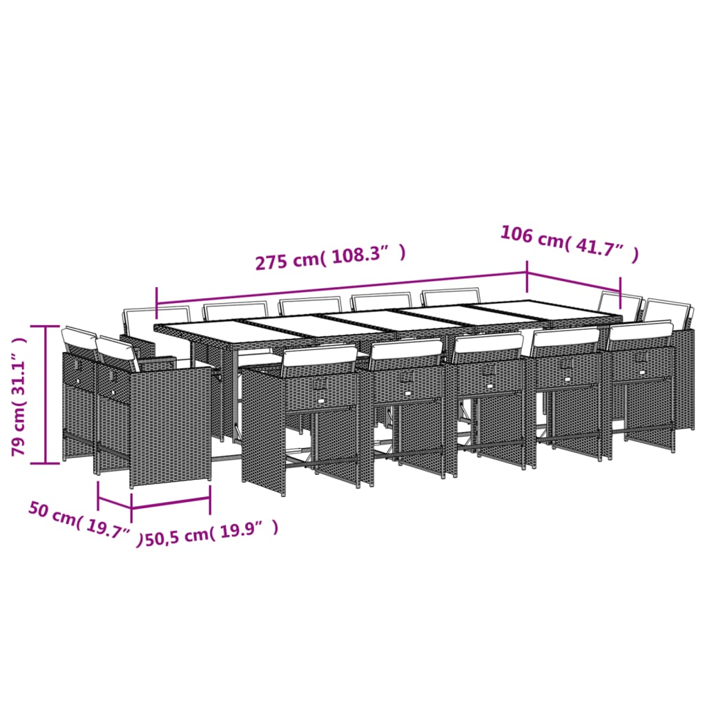 Ensemble à manger de jardin avec coussins 15 pcs marron rotin