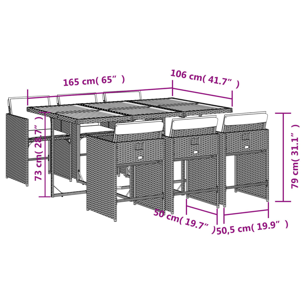 Ensemble à manger de jardin coussins 7pcs Noir Résine tressée