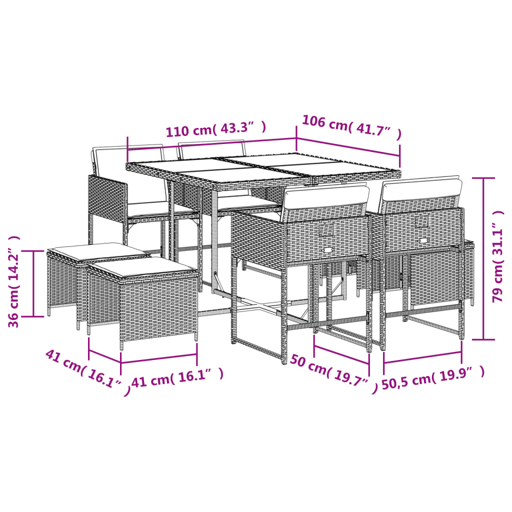 Ensemble à manger de jardin et coussins 9 pcs gris clair rotin