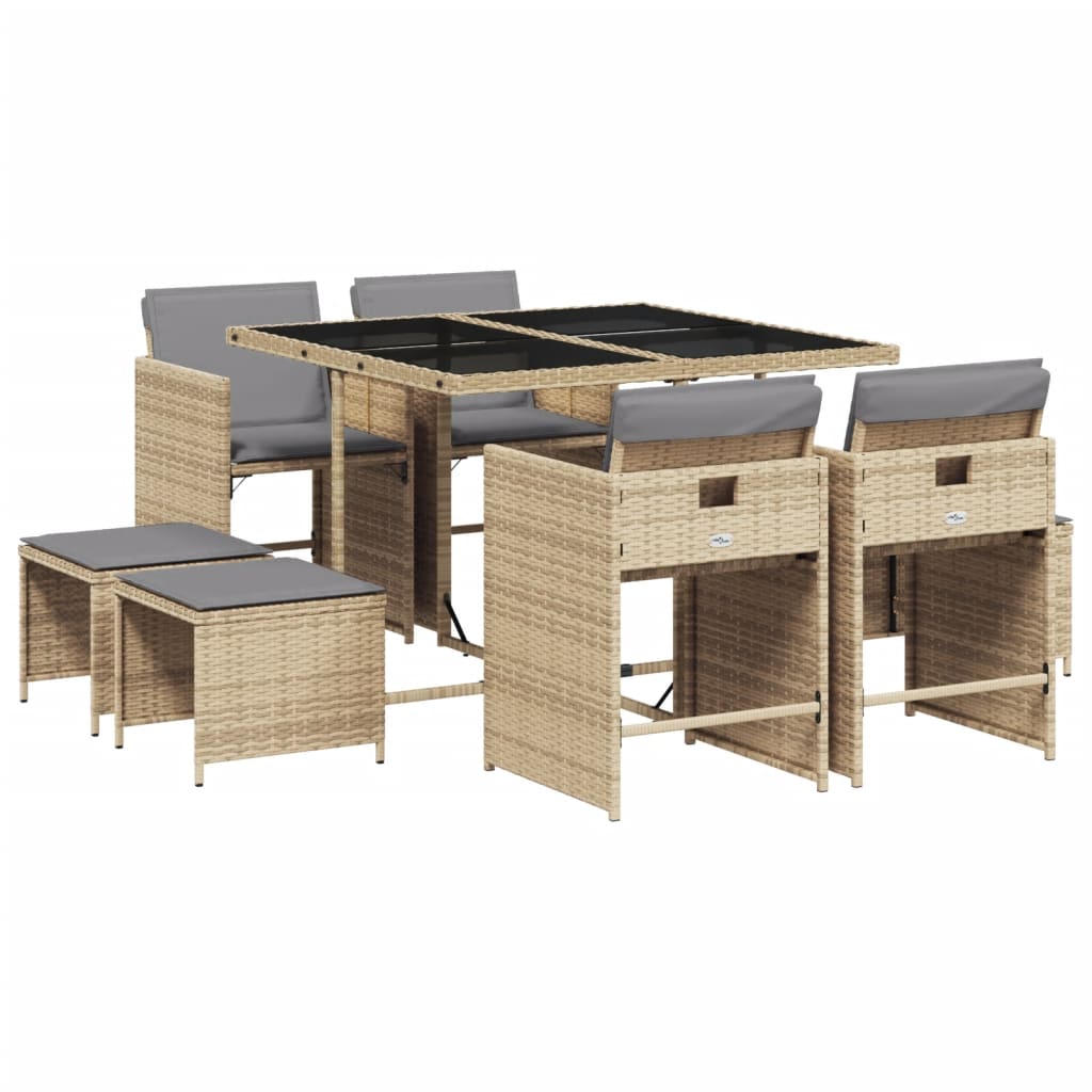 Ensemble à manger de jardin et coussins 9 pcs mélange beige