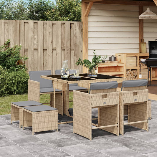 Ensemble à manger de jardin et coussins 9 pcs mélange beige