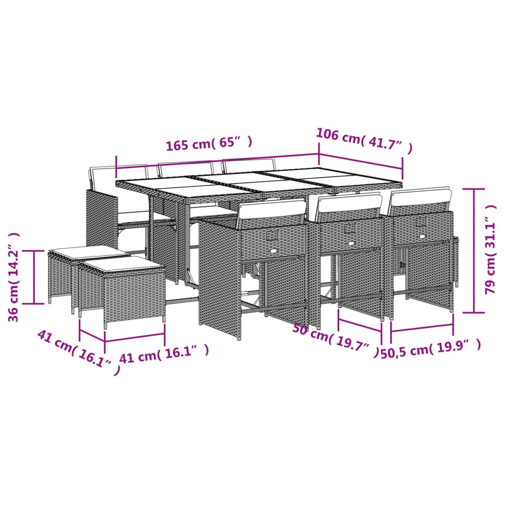 Ensemble à manger de jardin et coussins 11 pcs marron rotin