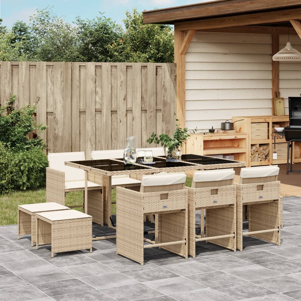 Ensemble à manger de jardin et coussins 11 pcs beige poly rotin