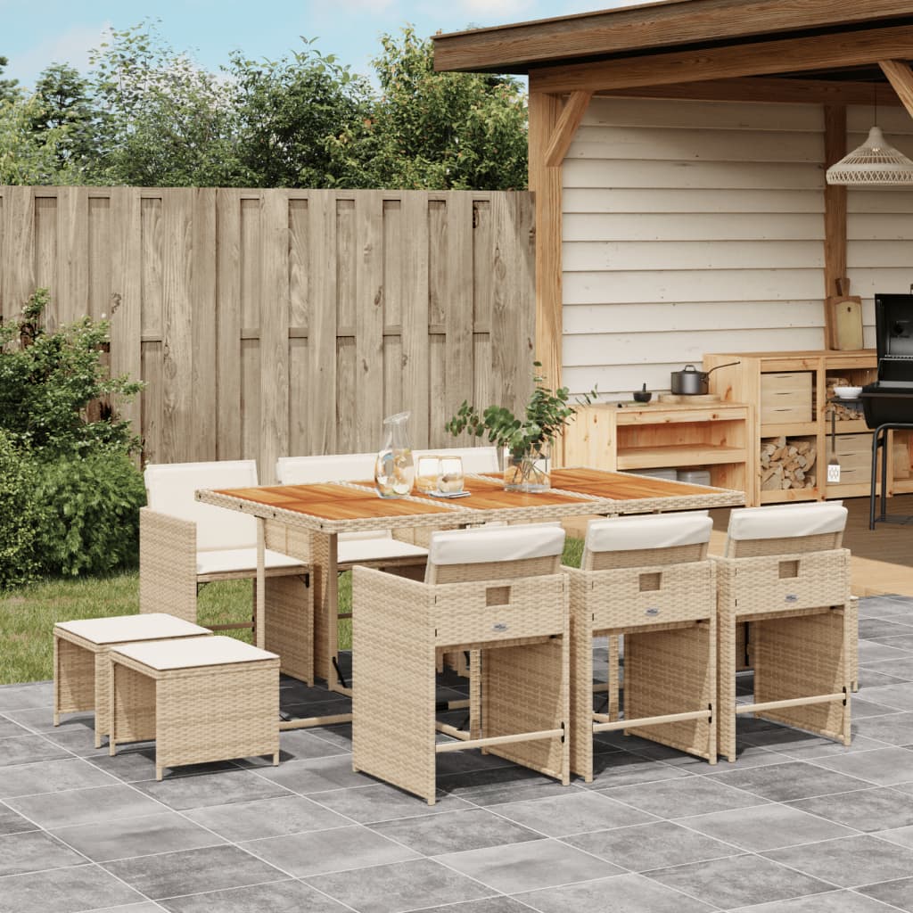 Ensemble à manger de jardin et coussins 11 pcs beige poly rotin