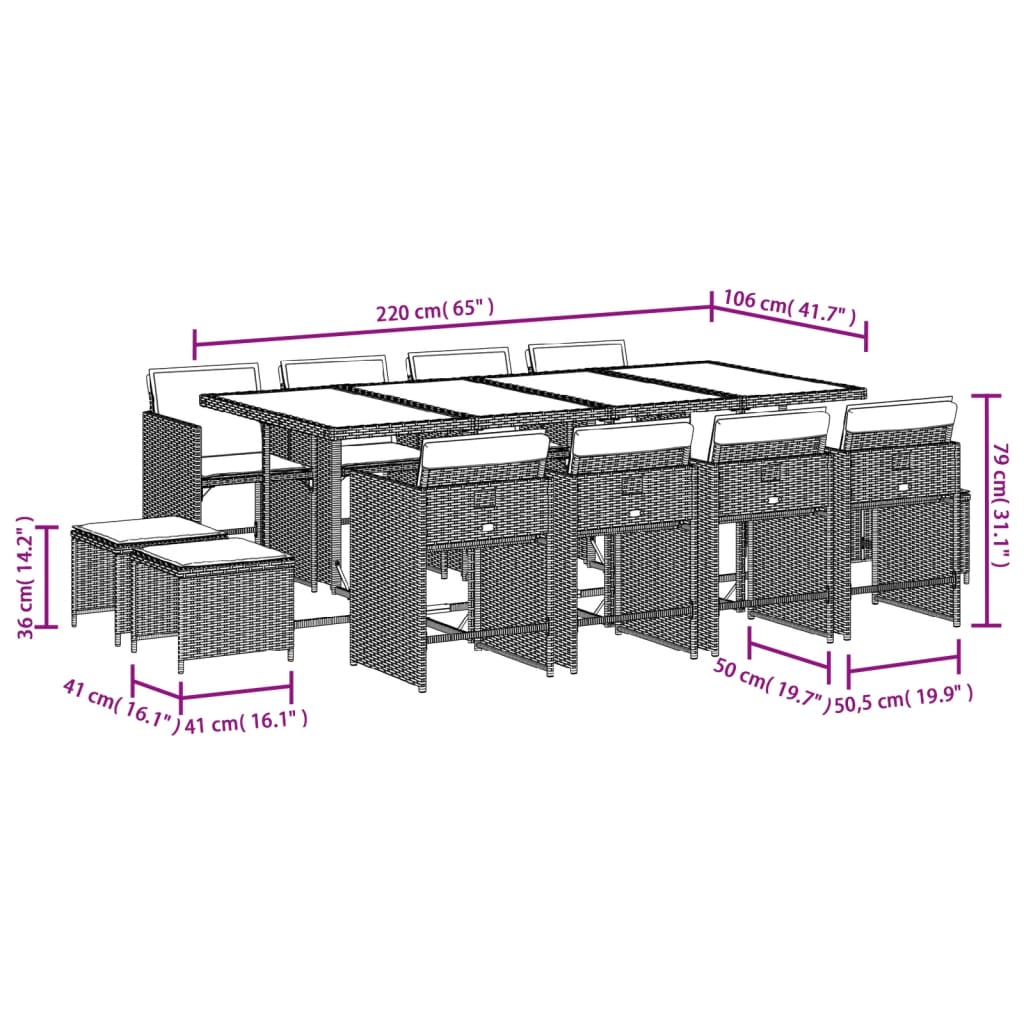 Ensemble à manger de jardin et coussins 13 pcs gris clair rotin