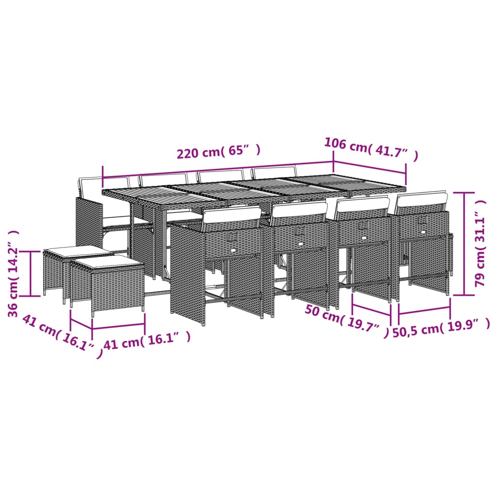 Ensemble à manger de jardin et coussins 13 pcs beige