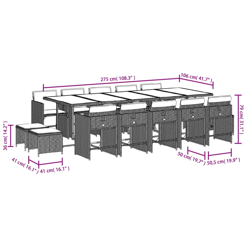 Ensemble à manger de jardin avec coussins 15 pcs marron rotin