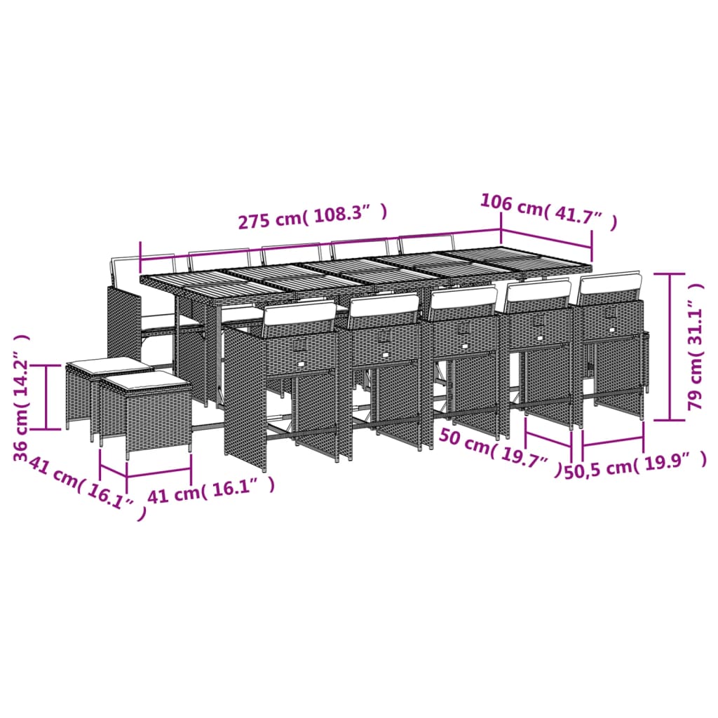 Ensemble à manger de jardin et coussins 15 pcs beige