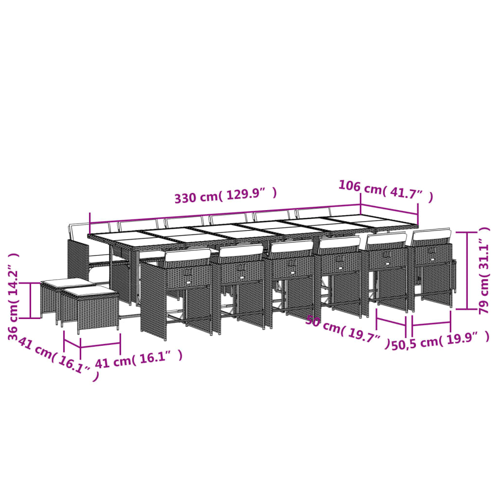 Ensemble à manger de jardin 17 pcs et coussins résine tressée