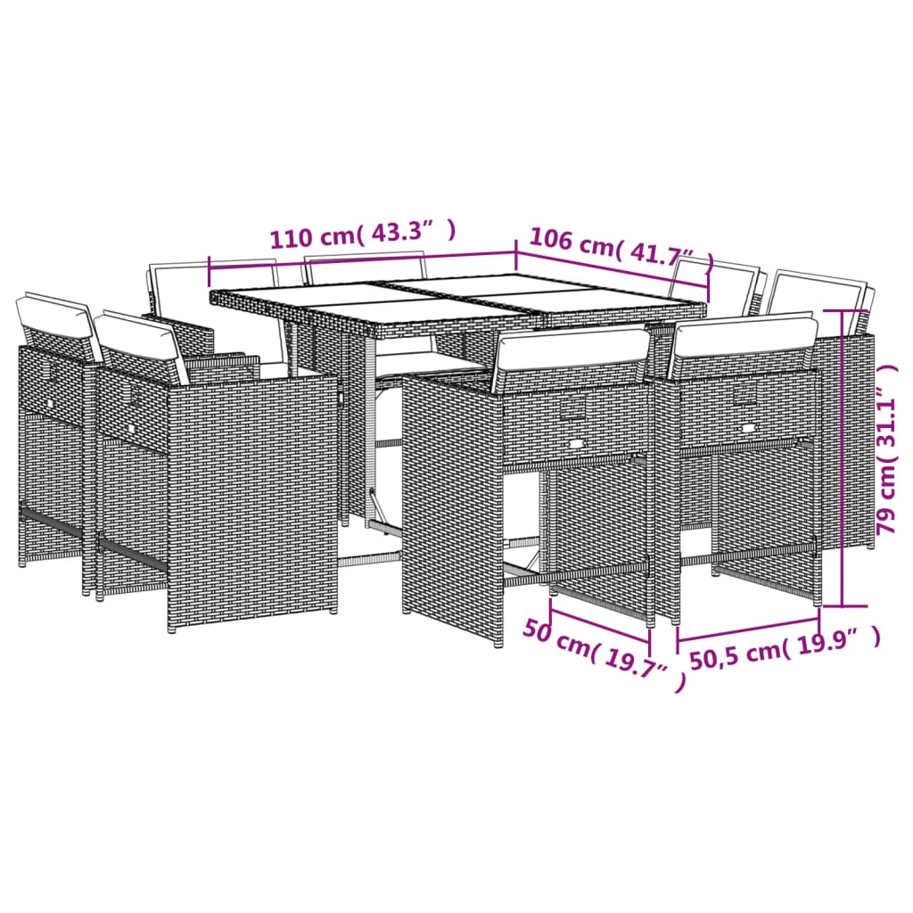 Ensemble à manger de jardin et coussins 9 pcs mélange beige