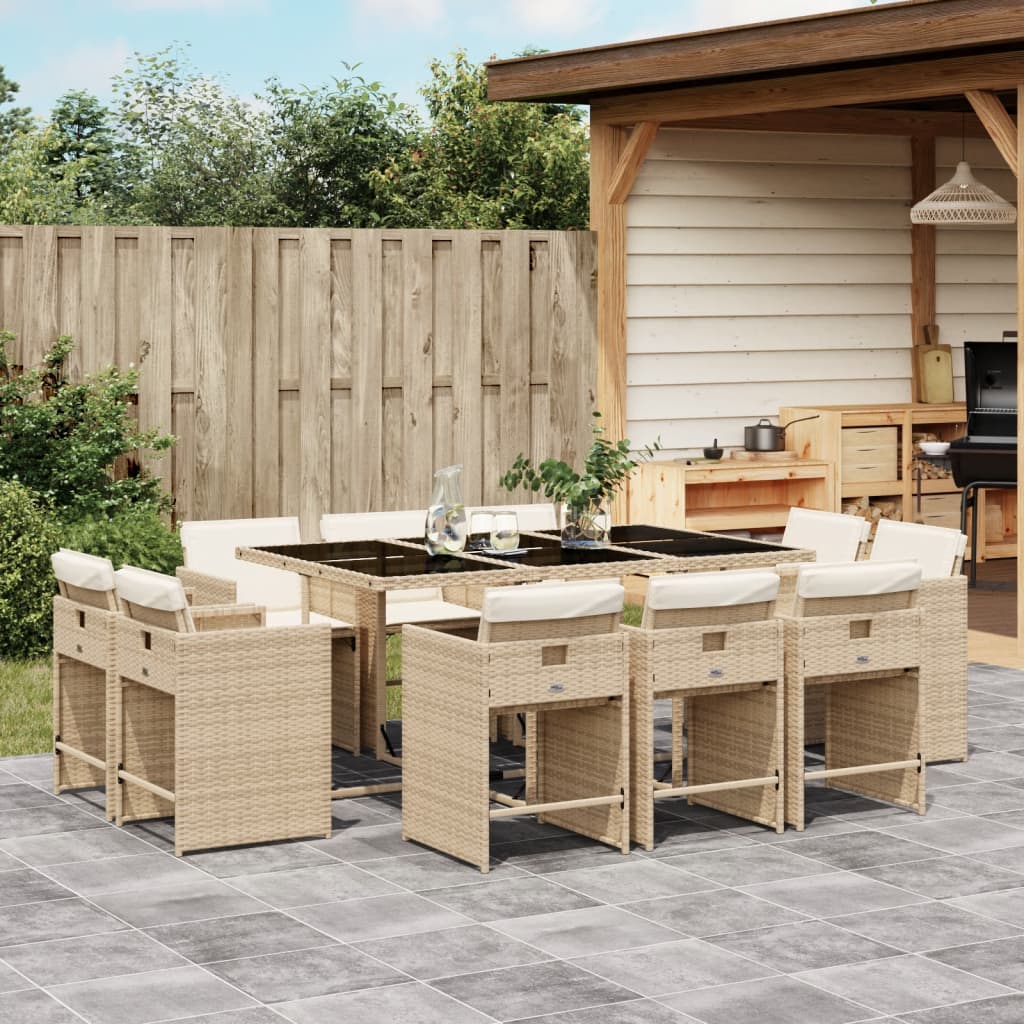 Ensemble à manger de jardin et coussins 11 pcs beige poly rotin