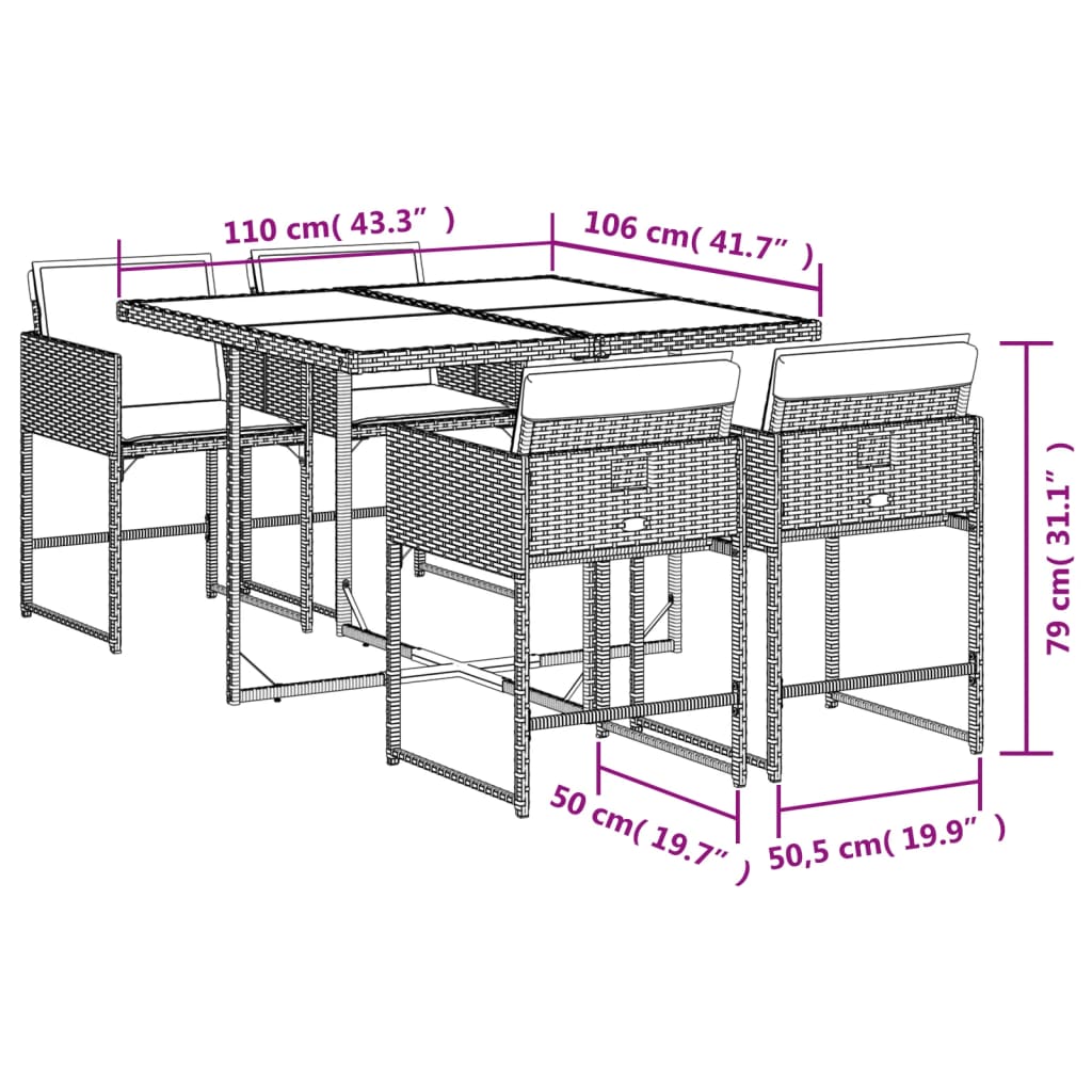 Ensemble à manger de jardin 5 pcs et coussins marron poly rotin