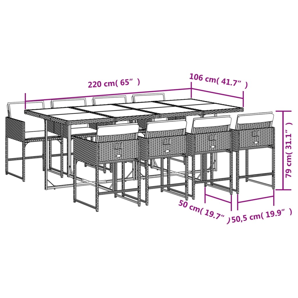 Ensemble à manger de jardin 9pcs coussins noir résine tressée