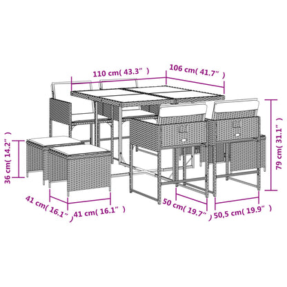 Ensemble à manger de jardin et coussins 9 pcs marron poly rotin