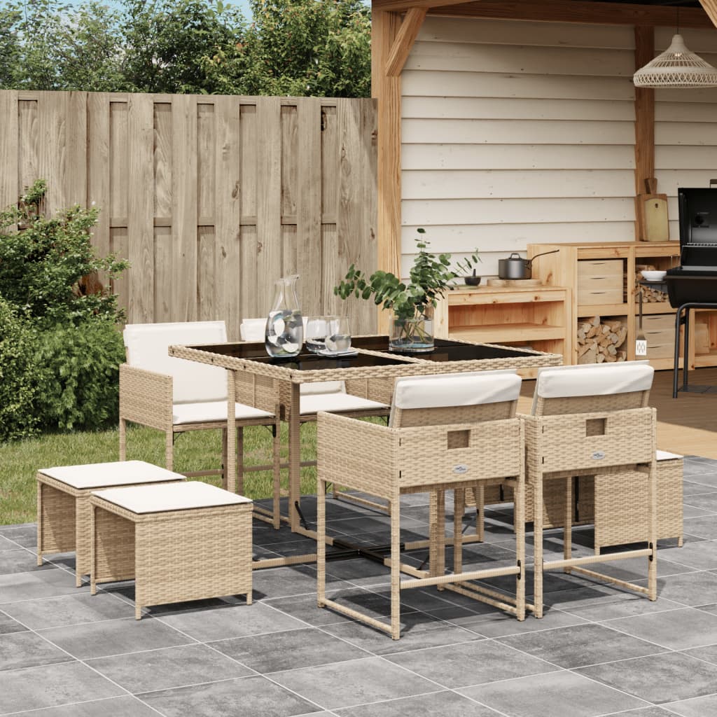 Ensemble à manger de jardin et coussins 9 pcs beige Poly rotin