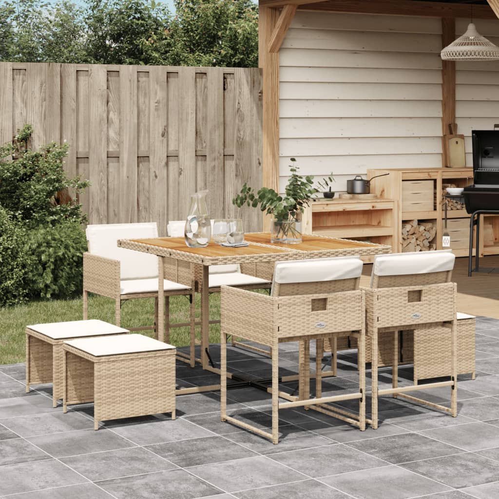 Ensemble à manger de jardin et coussins 9 pcs beige Poly rotin