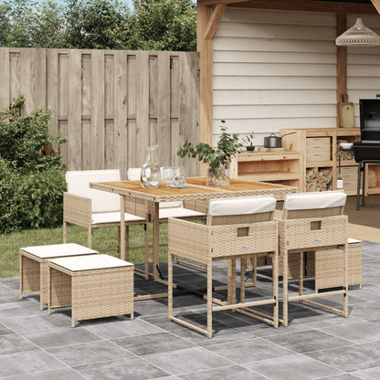 Ensemble à manger de jardin et coussins 9 pcs beige Poly rotin