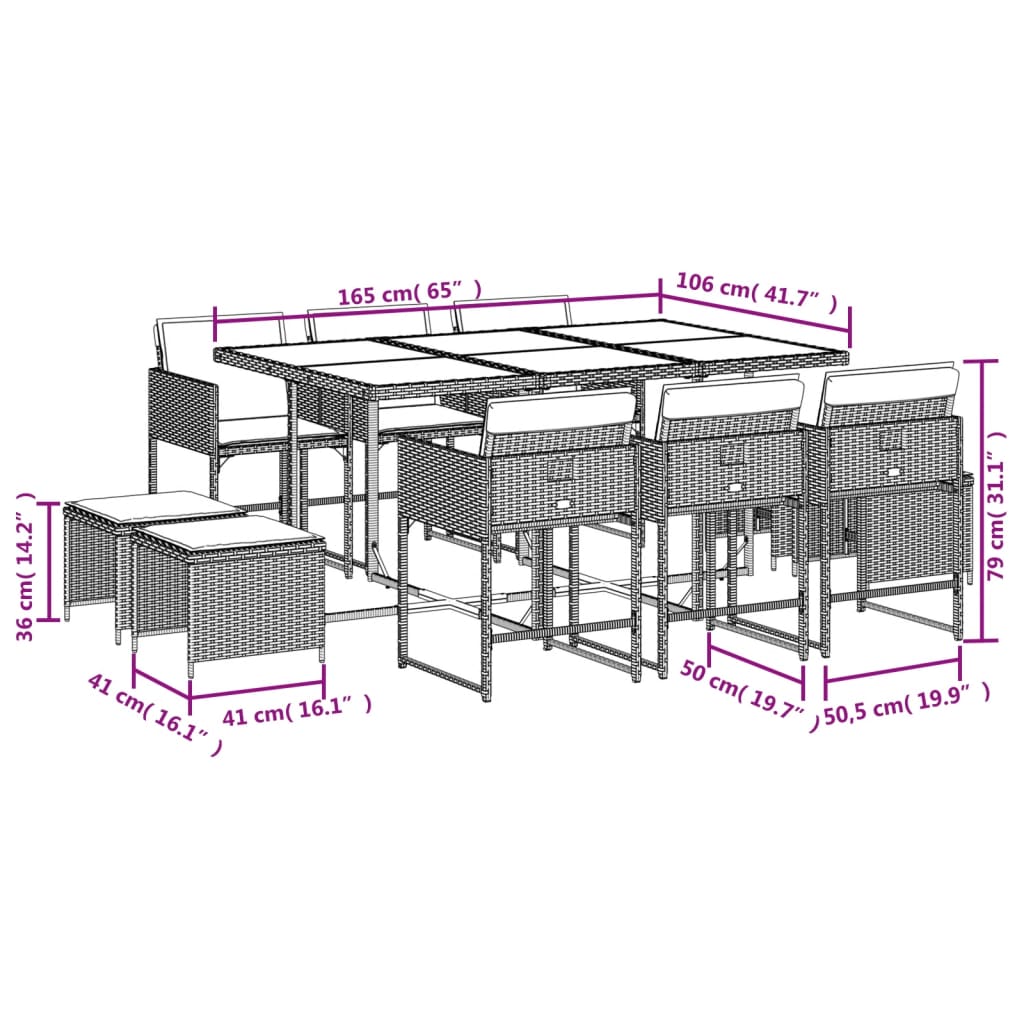 Ensemble à manger de jardin et coussins 11 pcs marron rotin