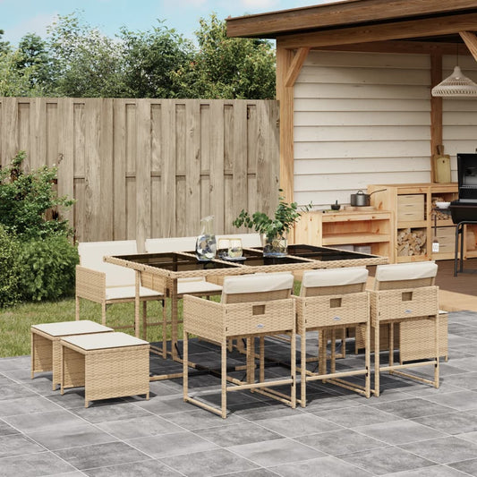 Ensemble à manger de jardin et coussins 11 pcs beige poly rotin