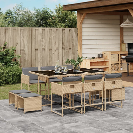 Ensemble à manger de jardin et coussins 11 pcs mélange beige