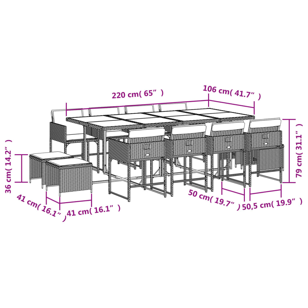 Ensemble à manger de jardin coussins 13 pcs gris résine tressée