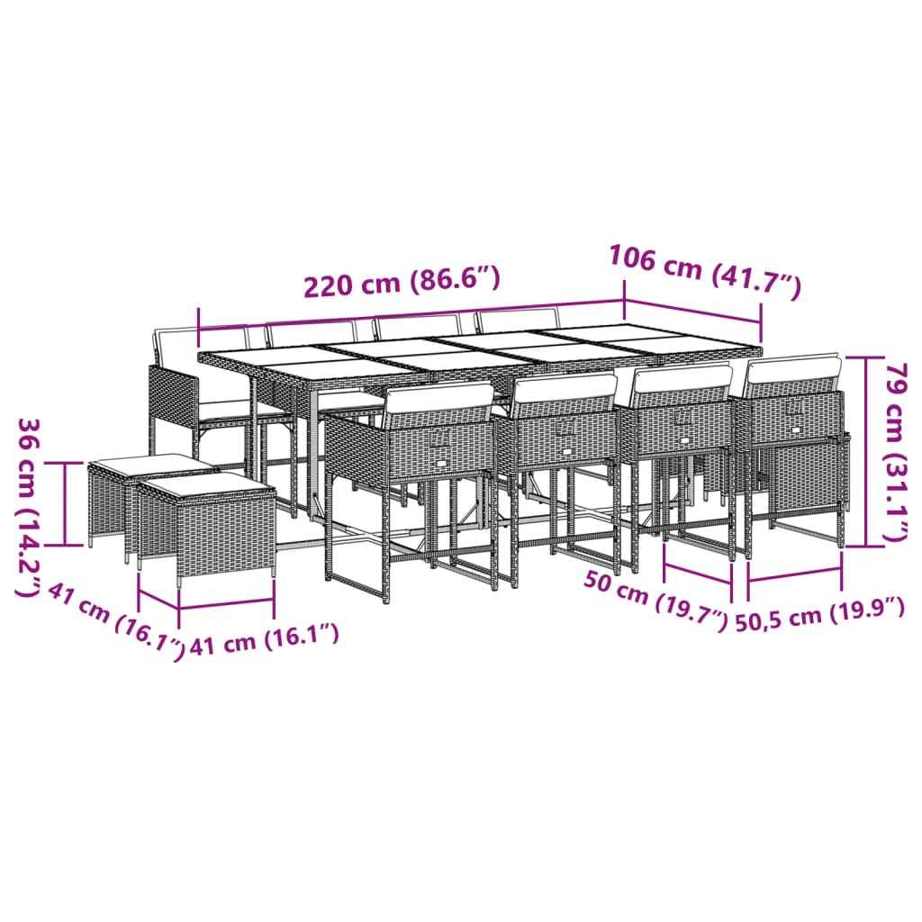 Ensemble à manger de jardin et coussins 13 pcs gris clair rotin