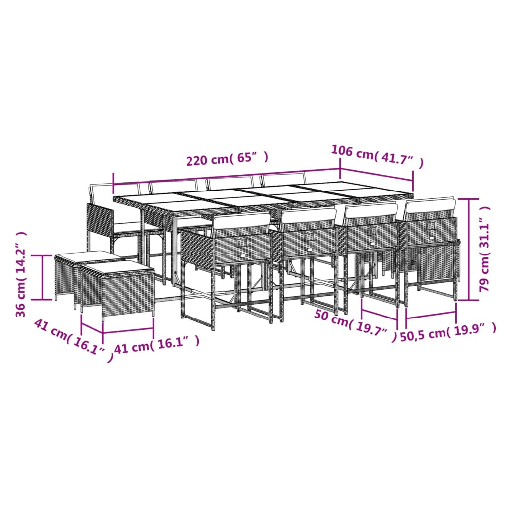 Ensemble à manger de jardin et coussins 13 pcs beige