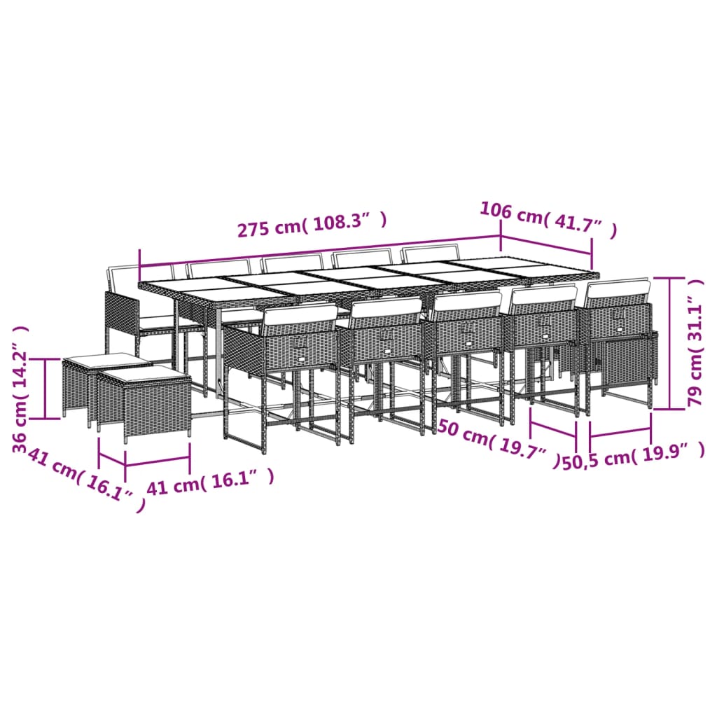 Ensemble à manger de jardin avec coussins 15 pcs marron rotin