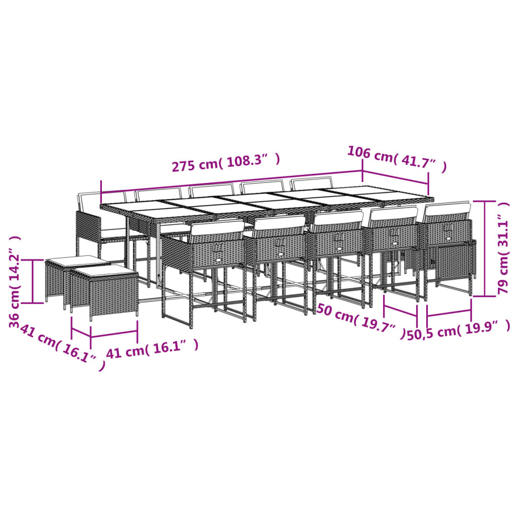 Ensemble à manger de jardin et coussins 15 pcs gris clair rotin