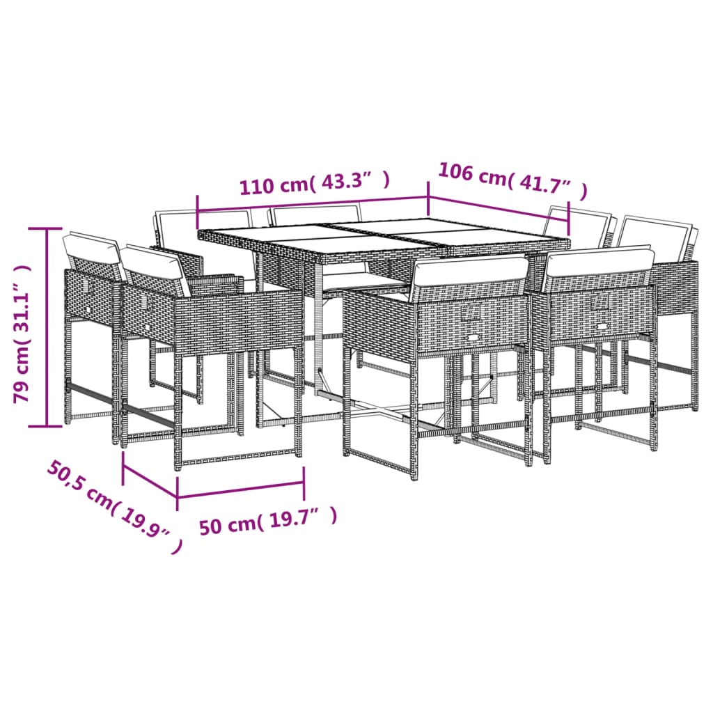 Ensemble à manger de jardin et coussins 9 pcs marron poly rotin