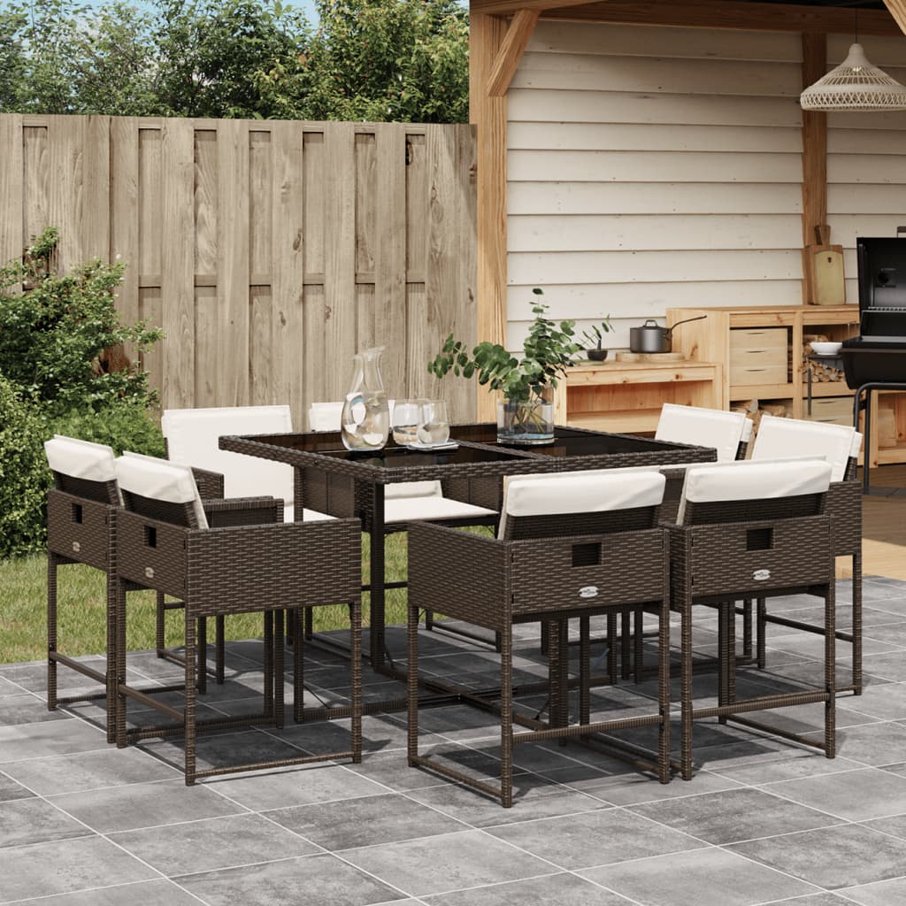 Ensemble à manger de jardin et coussins 9 pcs marron poly rotin