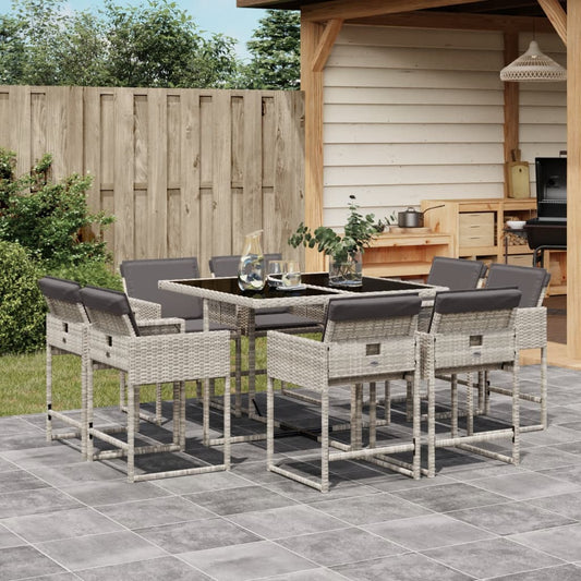 Ensemble à manger de jardin et coussins 9 pcs gris clair rotin