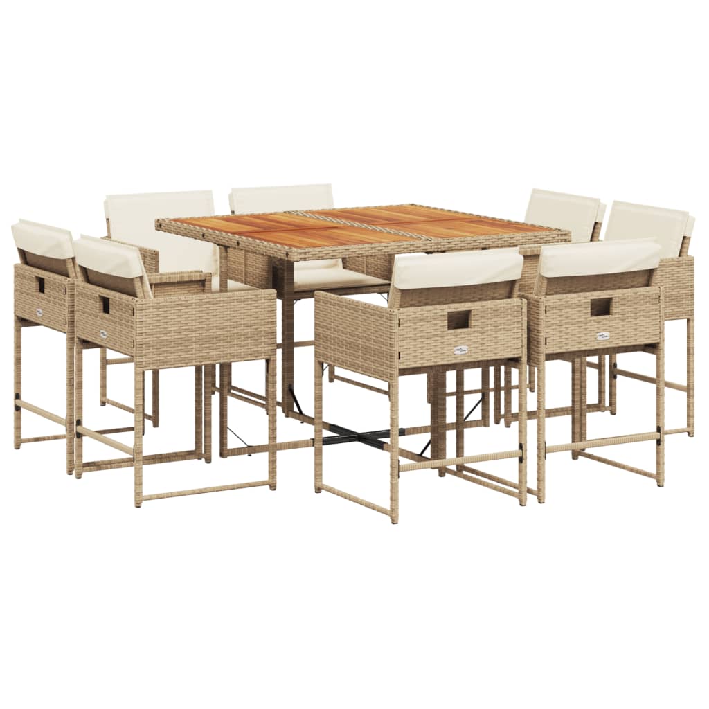 Ensemble à manger de jardin et coussins 9 pcs beige Poly rotin