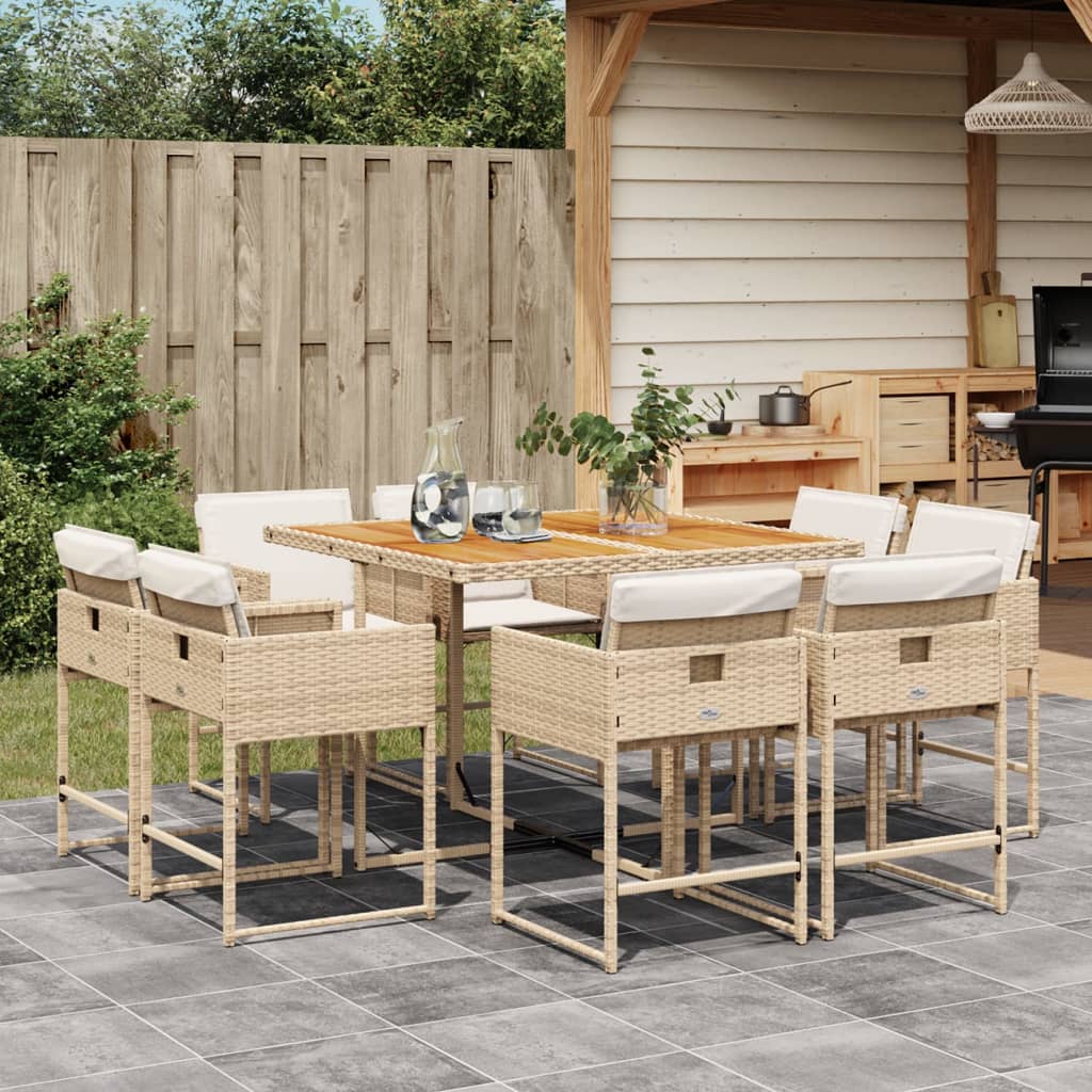 Ensemble à manger de jardin et coussins 9 pcs beige Poly rotin