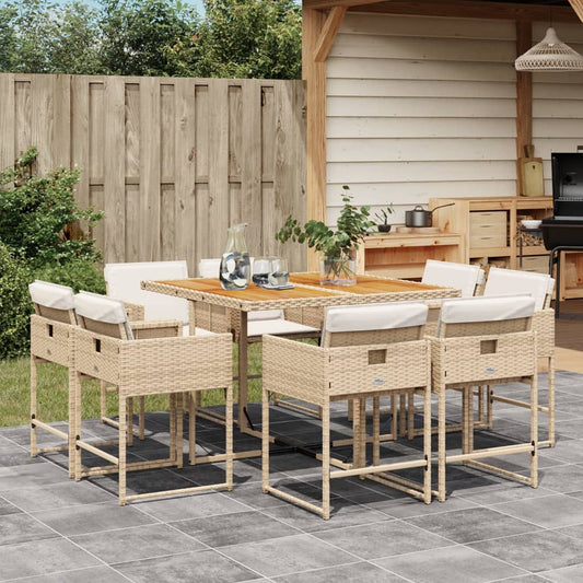 Ensemble à manger de jardin et coussins 9 pcs beige Poly rotin